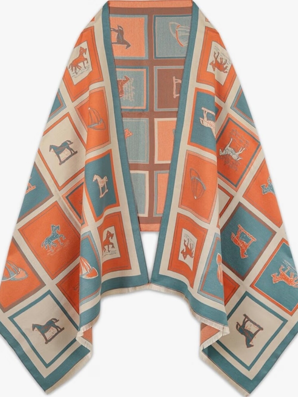 🟠Sale!! Stylish Open Front Poncho Cape With Horse Design Multicolor Wrap Scarf